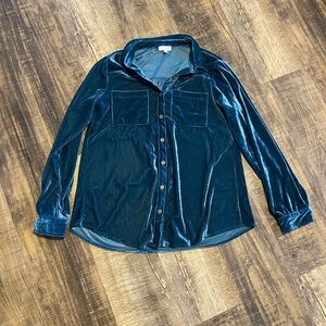 Umgee Teal Velvet Button-Front Shirt